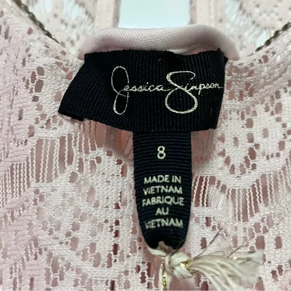 Jessica Simpson Lace Midi Dress Size 8 Blush Pink Scalloped Chain Collar Belted - Picture 13 of 16
